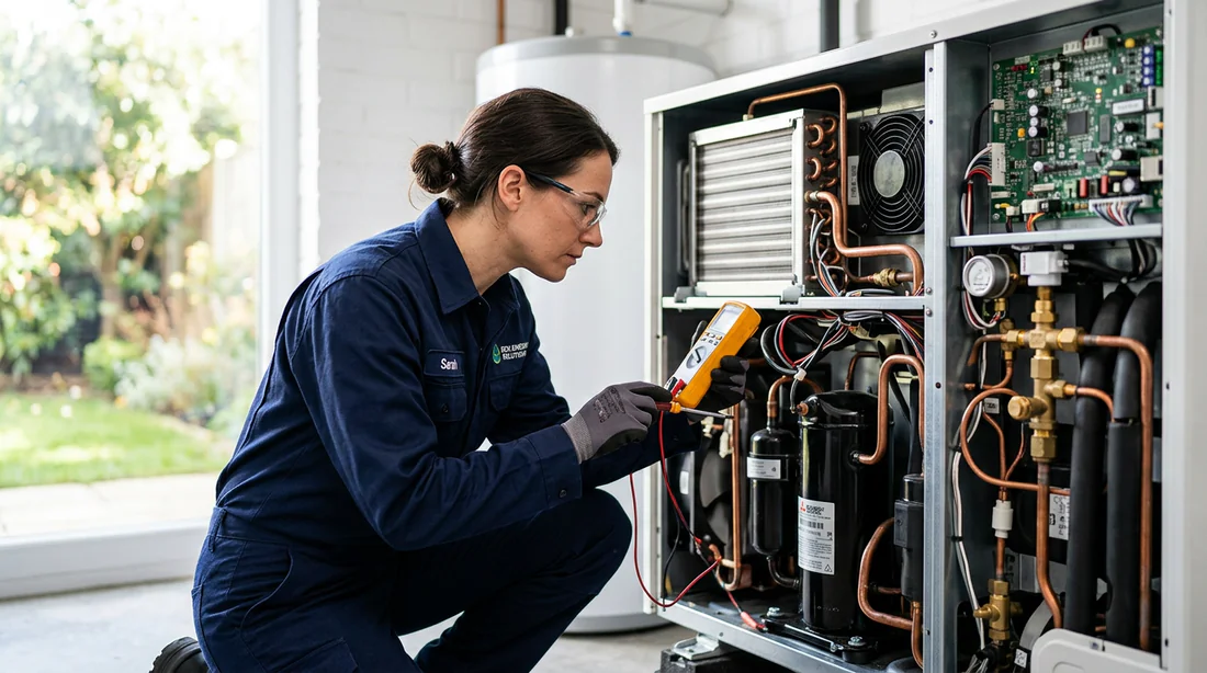 Technicien qualifié inspectant les composants internes d'une pompe à chaleur