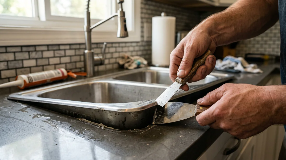 Action de décoller un évier du plan de travail à l'aide d'une spatule