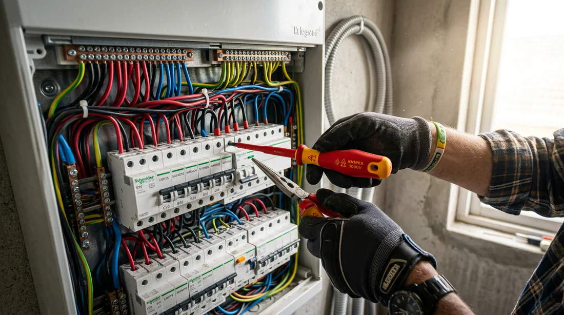 Électricien réalisant le câblage d'un système électrique