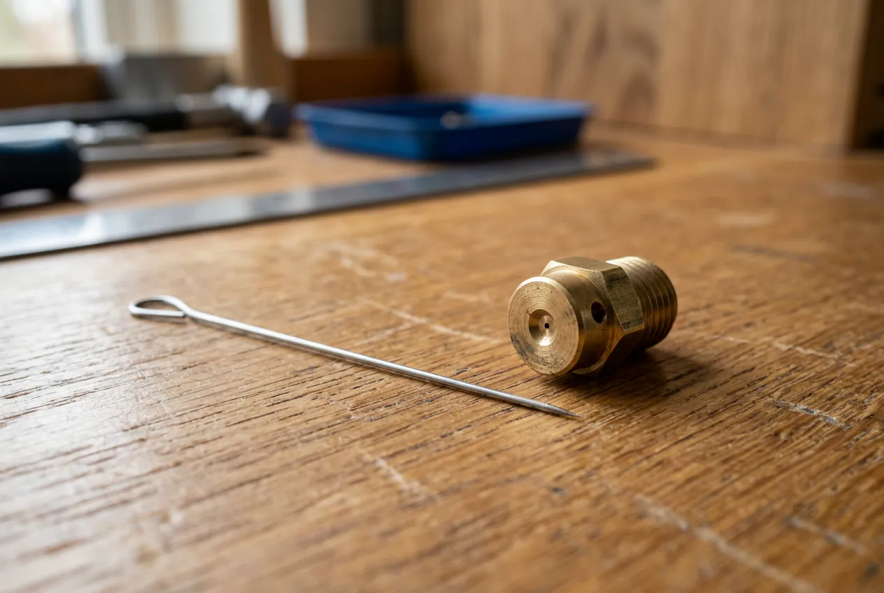 Le matériel nécessaire pour déboucher un injecteur : une aiguille fine à côté du gicleur en laiton.