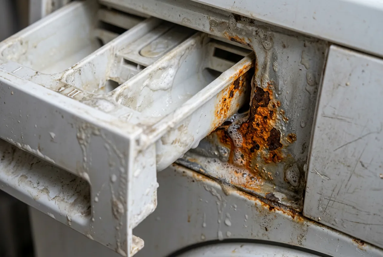 Détail de la rouille se propageant autour du bac à produits d'un lave-linge Whirlpool.