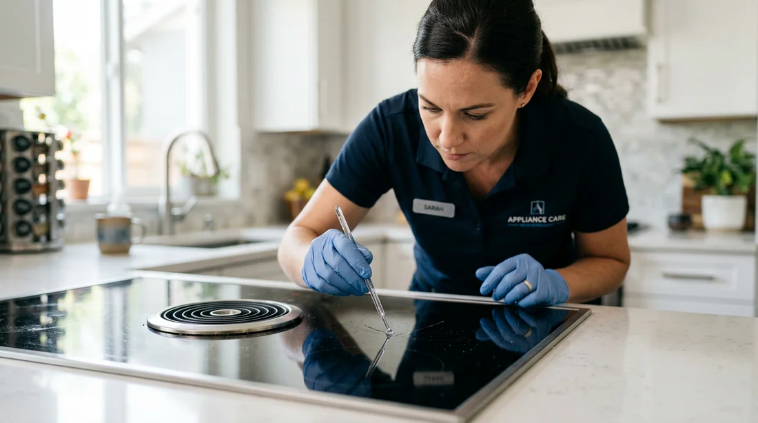 Application minutieuse de la résine sur la vitre de la plaque de cuisson