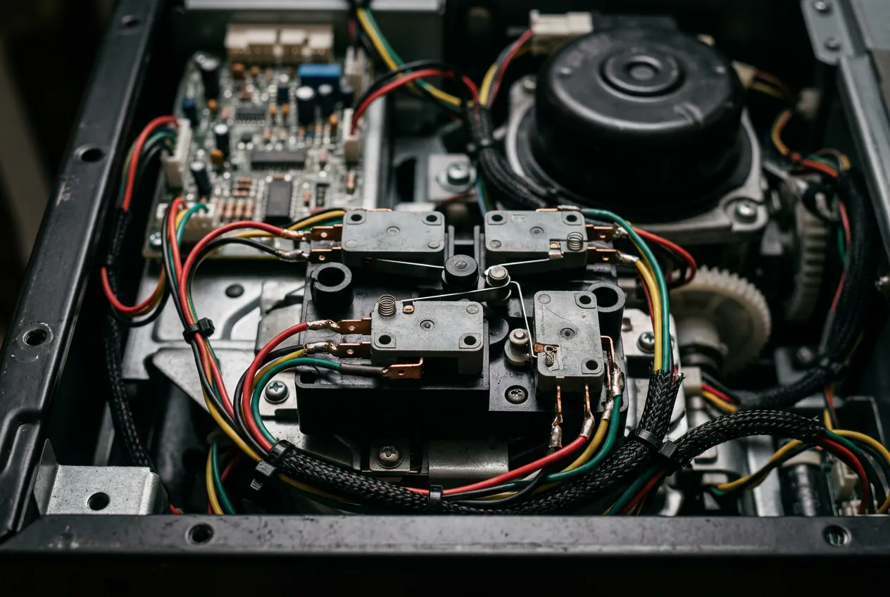 Vue détaillée des capteurs et micro-switches internes d'une machine à café.
