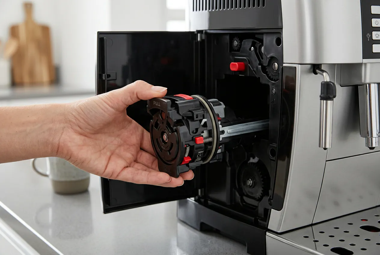 Main retirant l'infuseur de la machine Delonghi pour un nettoyage en profondeur.