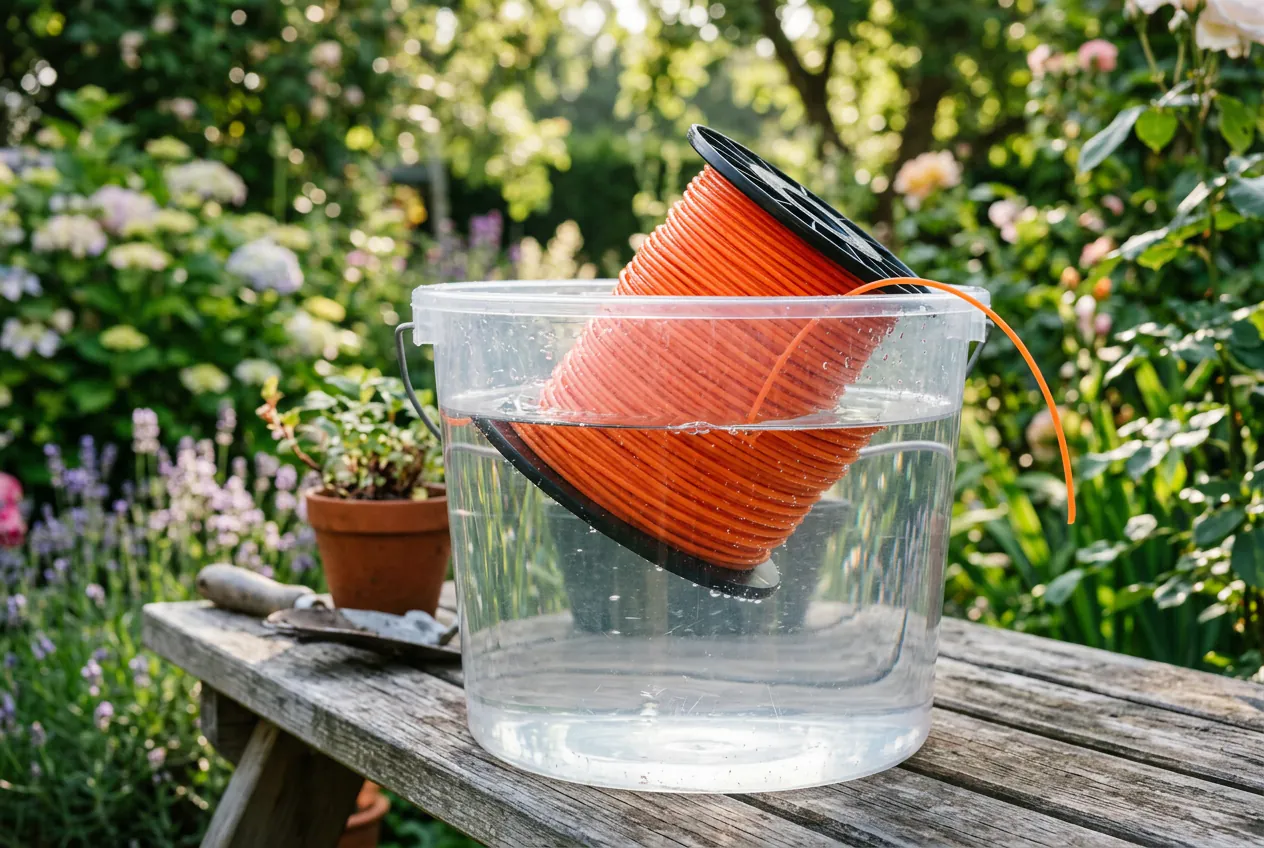 Bobine de fil nylon orange trempant dans un seau d'eau pour l'assouplir