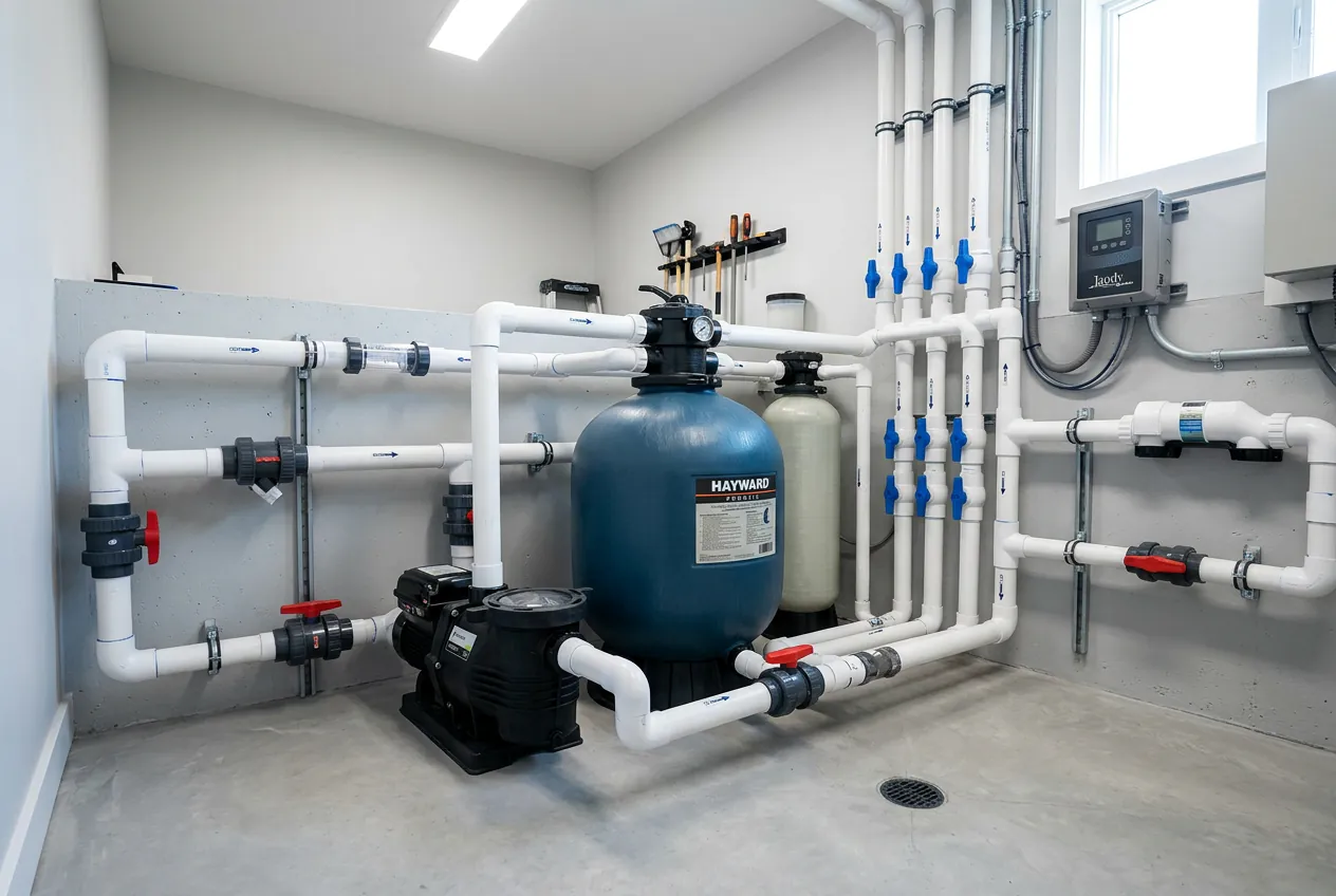 Vue d'ensemble d'un local technique de piscine moderne avec système de filtration et tuyauterie.