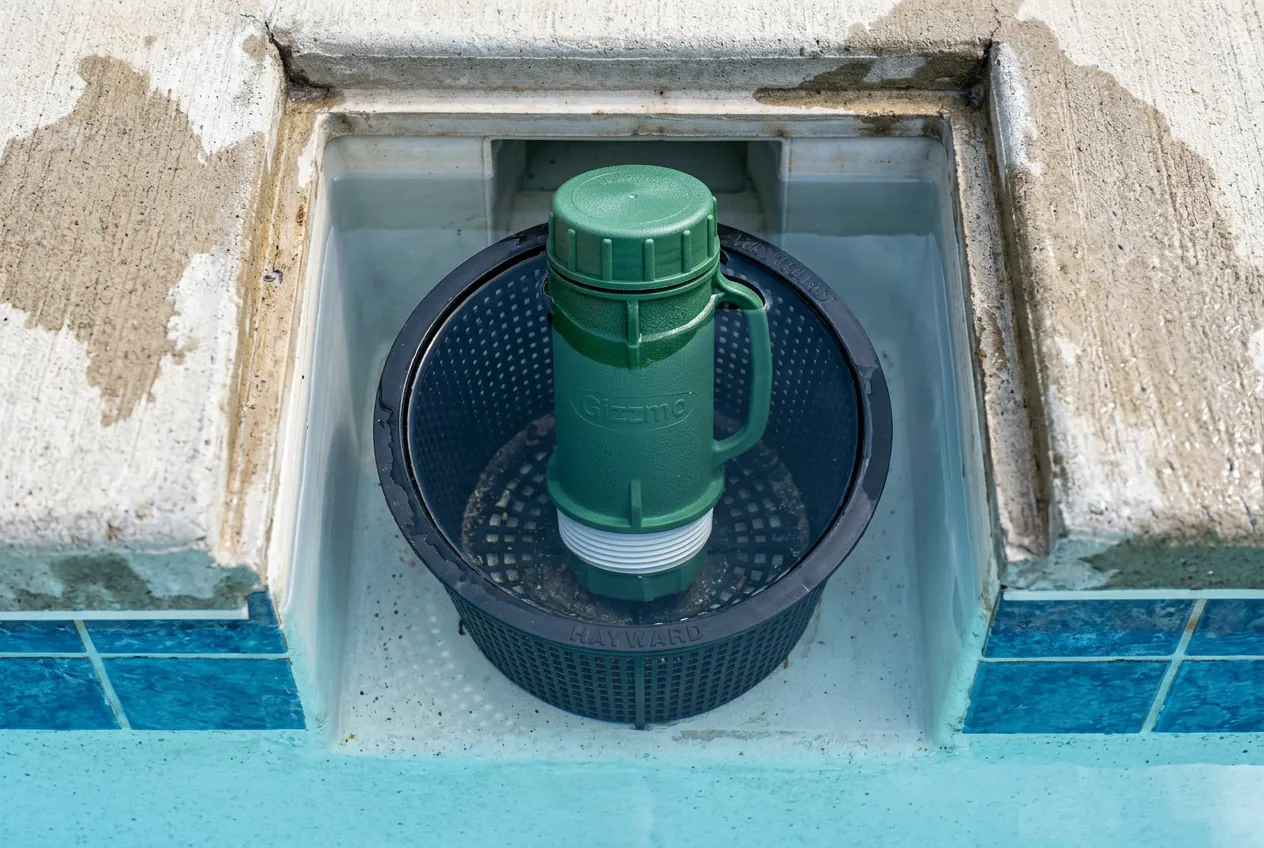 Un gizzmo de protection installé dans le skimmer d'une piscine pour prévenir les dégâts causés par le gel.