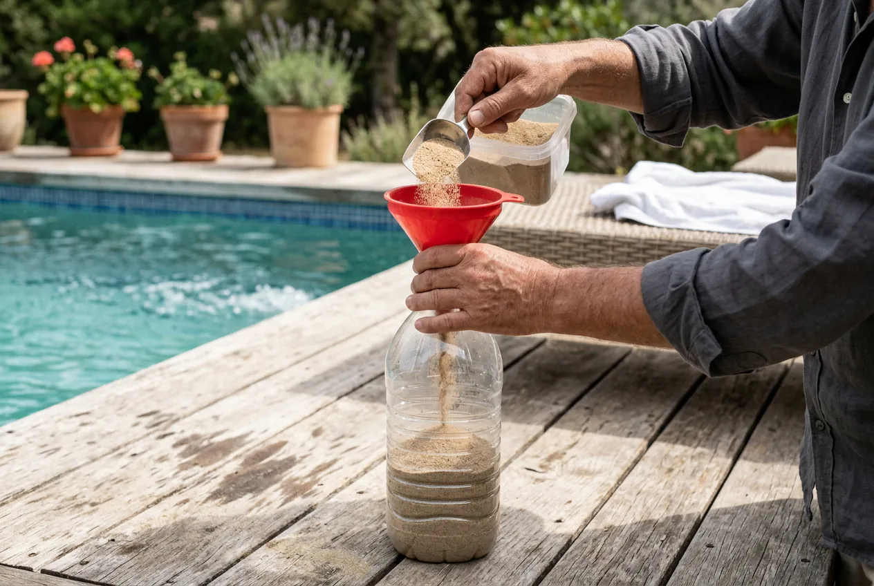 Main en train de verser du sable dans une bouteille en plastique pour créer un lestage pour flotteur d'hivernage fait maison.