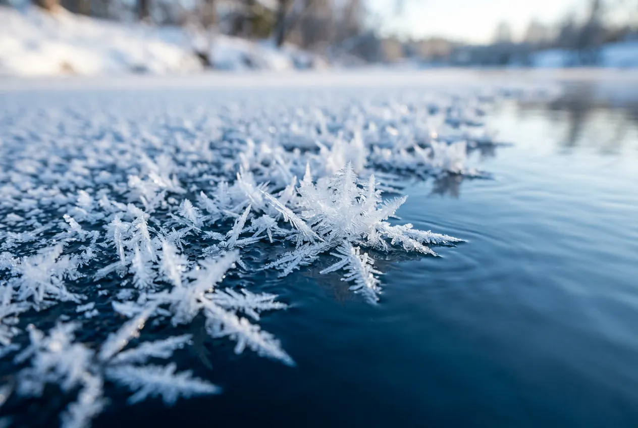 Gros plan de cristaux de glace se formant à la surface de l'eau d'une piscine en hiver, illustrant le risque de gel.