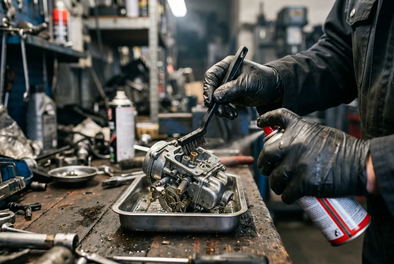 Nettoyage minutieux d'un carburateur de moteur de tracteur tondeuse pour résoudre les problèmes de calage.