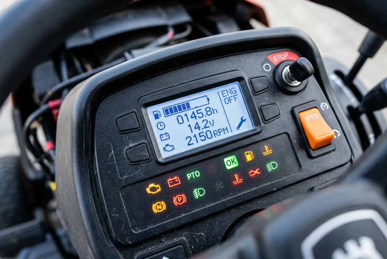 Tableau de bord électronique d'un tracteur tondeuse Honda montrant les témoins de diagnostic et les alertes.