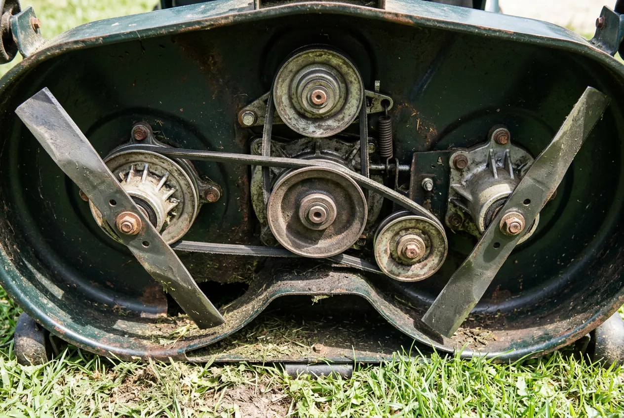 Vue du plateau de coupe et de la courroie d'entraînement sous un tracteur tondeuse Honda.