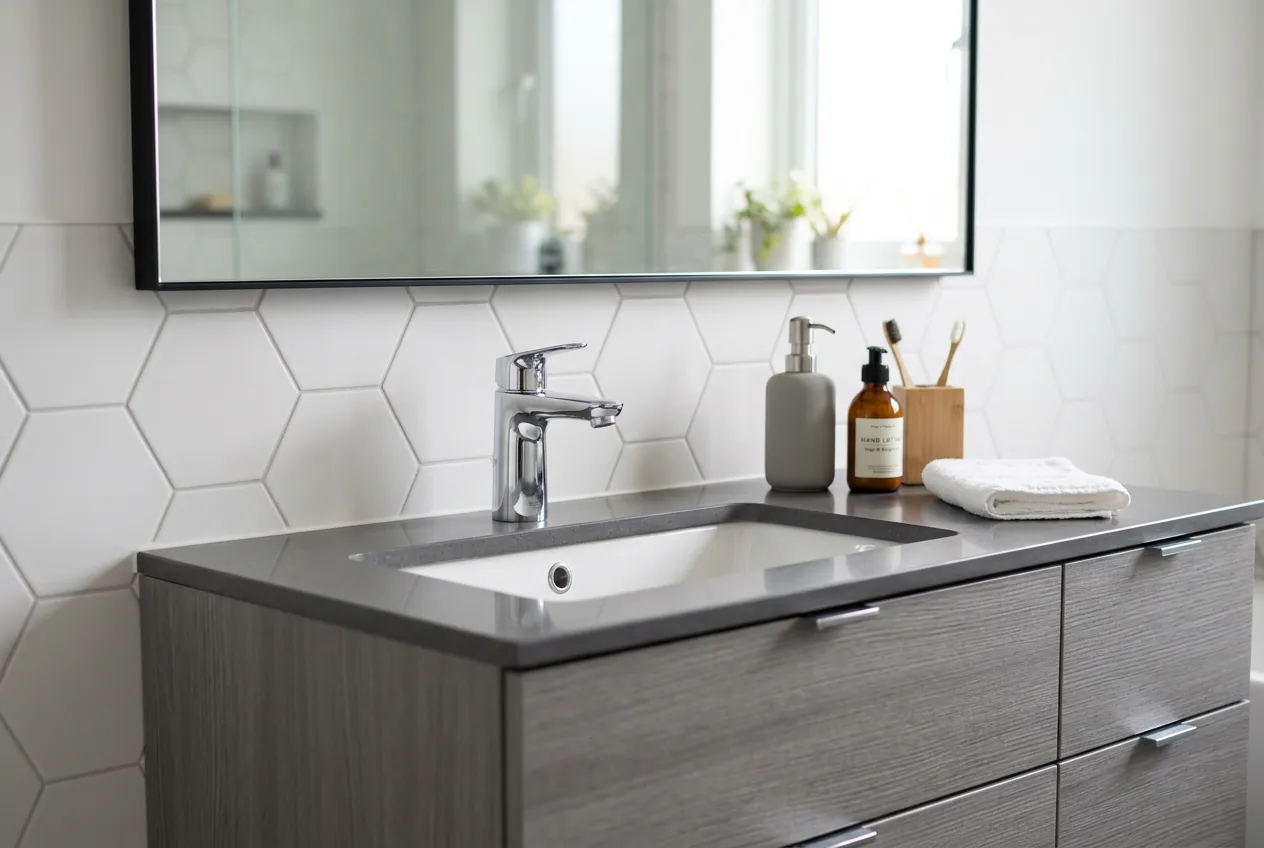 Gros plan sur un meuble de salle de bain Cooke & Lewis gris au design épuré.