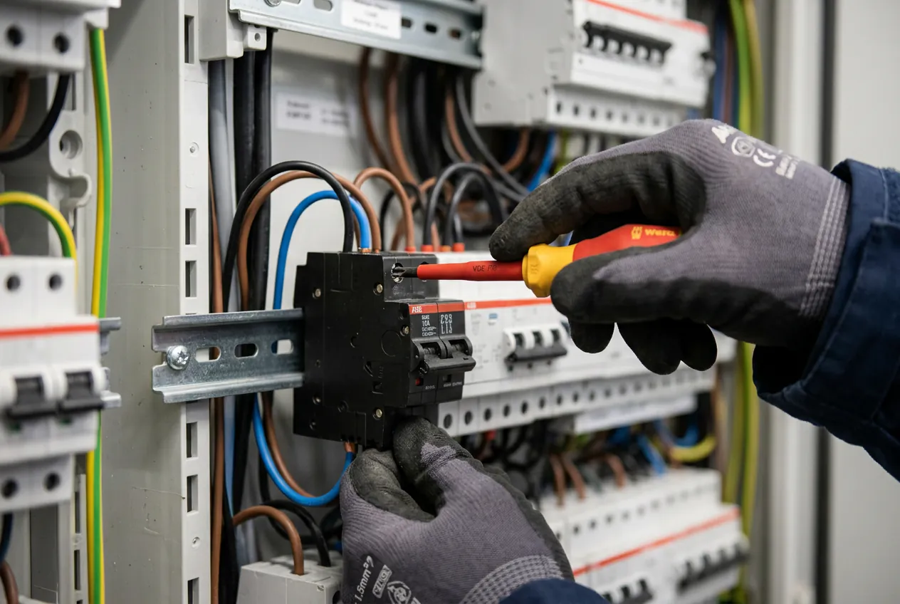 Électricien utilisant un tournevis pour débrancher les fils d'un contacteur Hager défectueux.