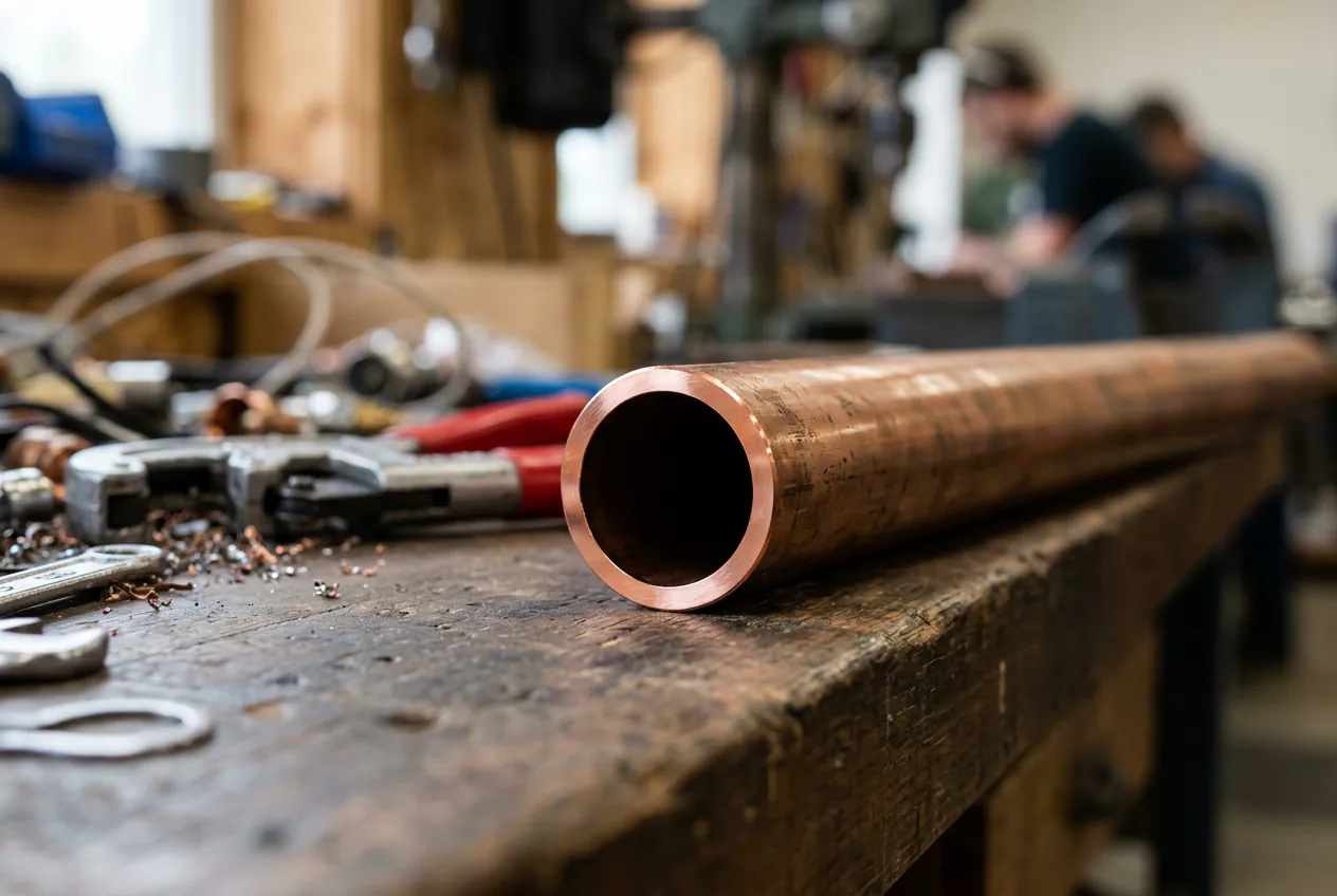 Un tube en cuivre proprement sectionné avec un coupe-tube pour un raccordement optimal.