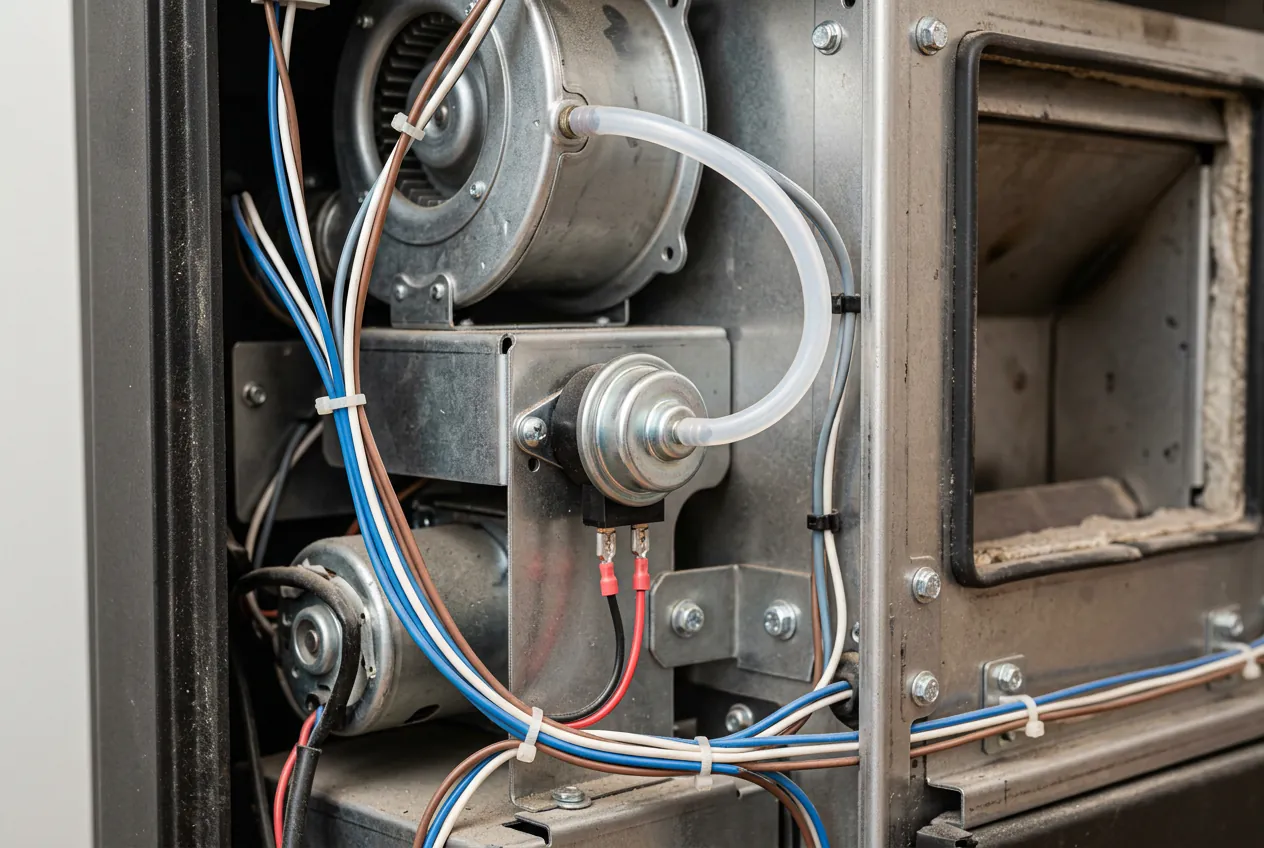 Vue intérieure du pressostat et de son tuyau de dépression dans un poêle à granulés.