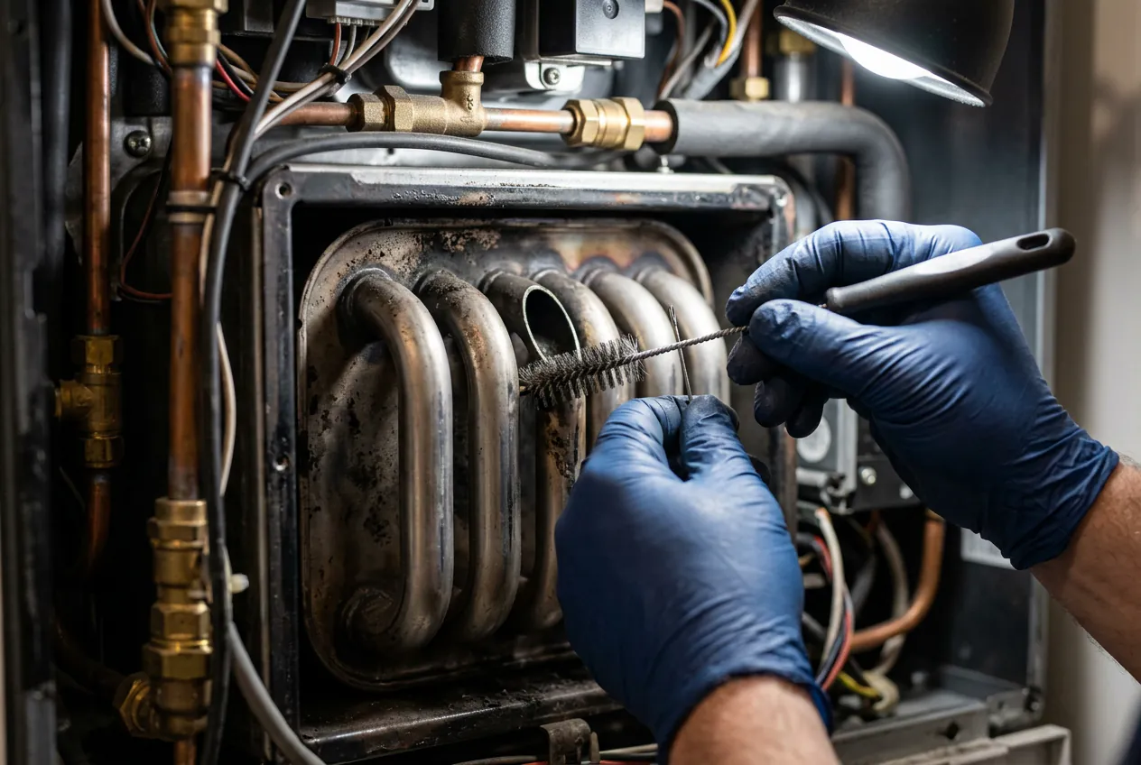 Un technicien nettoie délicatement les conduits et durites du pressostat d'un poêle.