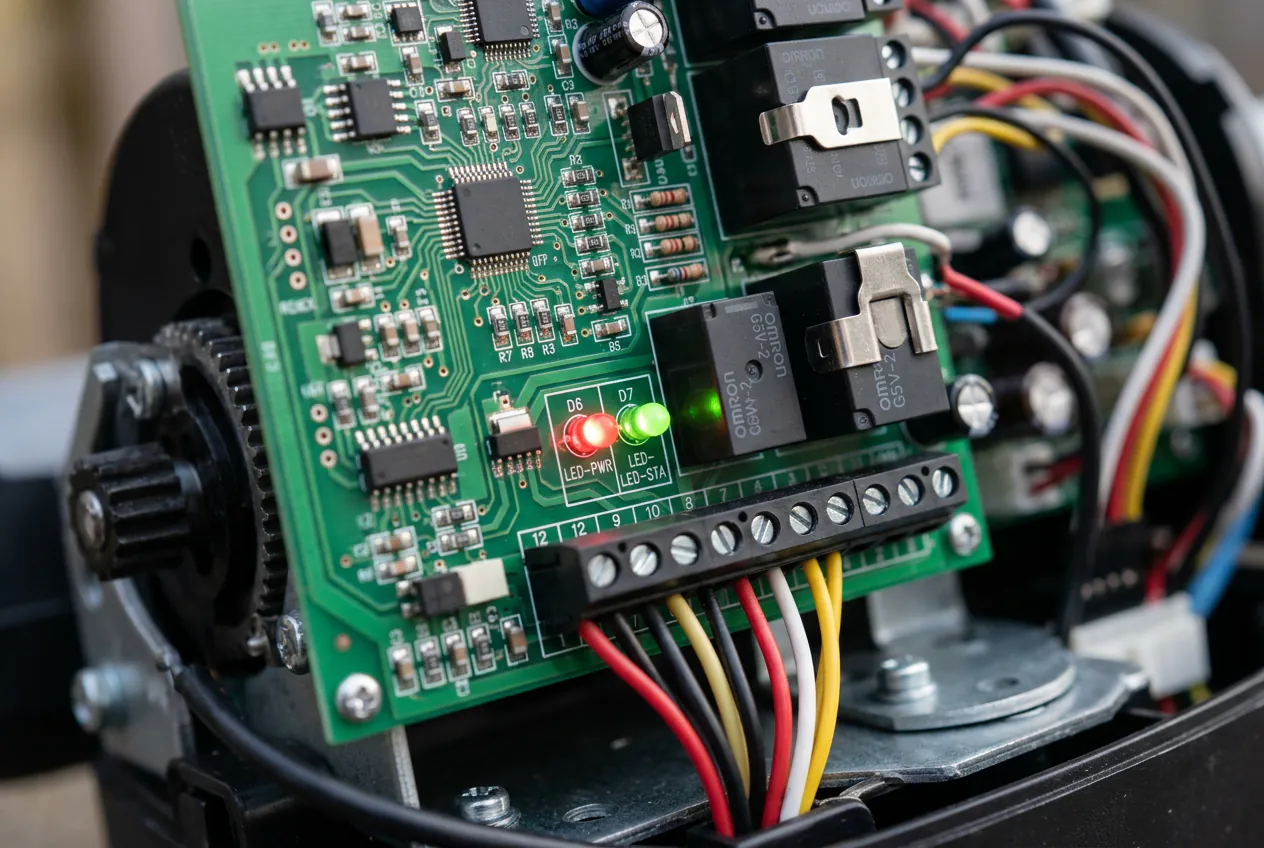 Vue rapprochée de la carte électronique d'un portail SCS Sentinel avec ses voyants LED de diagnostic.
