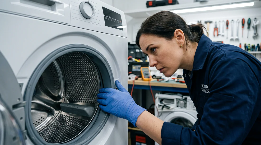 Technicien inspectant le tambour d'une machine à laver pour détecter un jeu dans le roulement