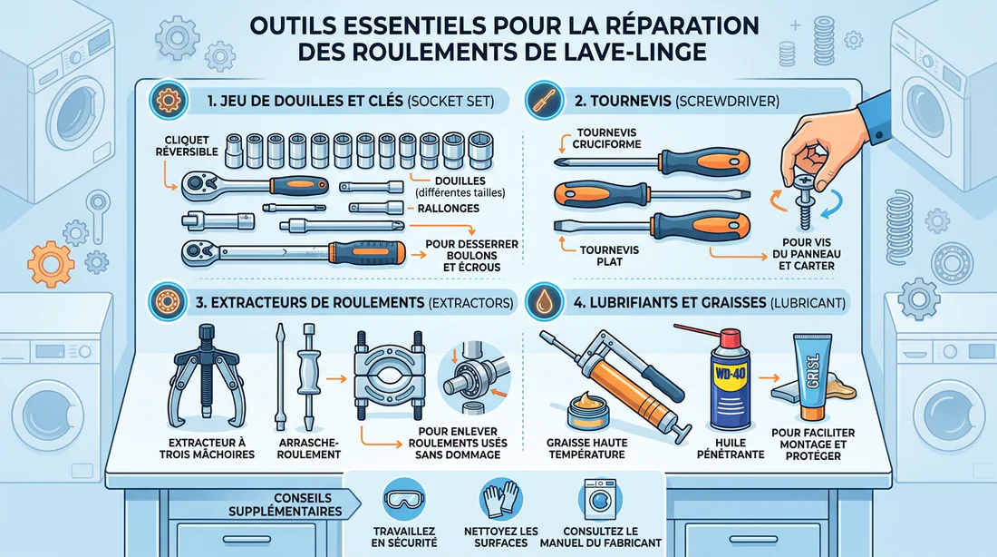 Infographie des outils requis pour changer le roulement de machine à laver