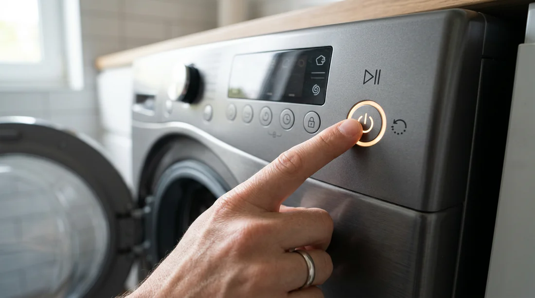 Main appuyant sur le bouton de réinitialisation de la machine à laver