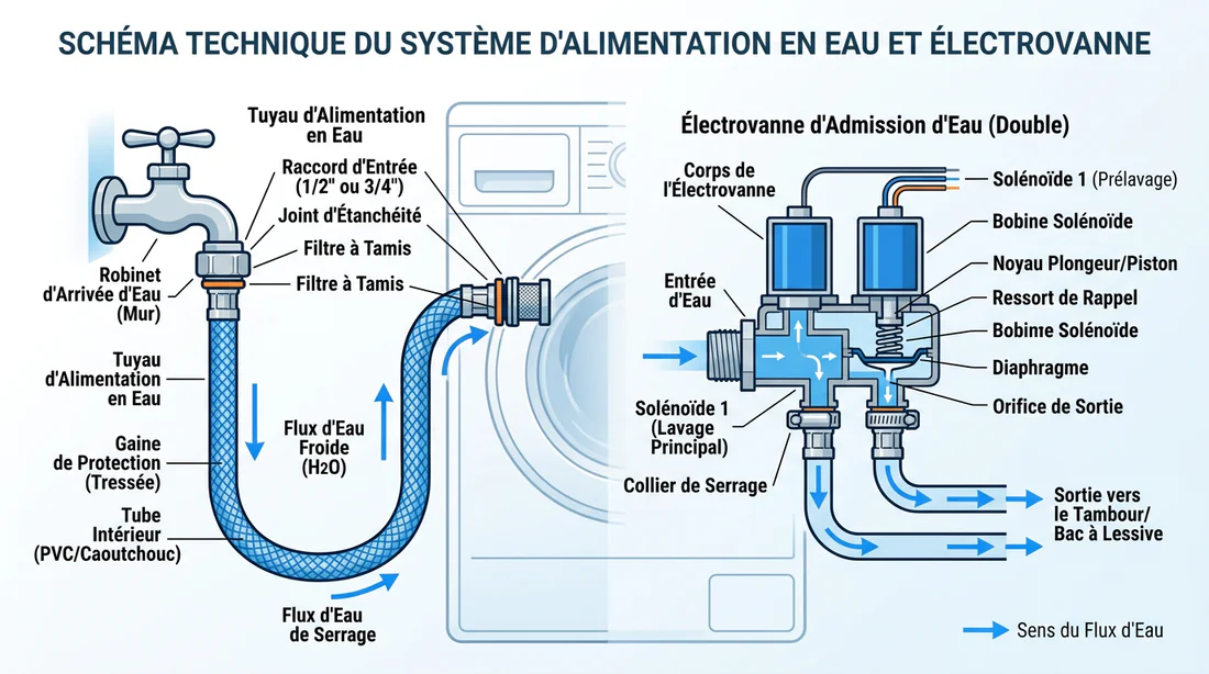 Schéma des composants d'arrivée d'eau d'une machine à laver