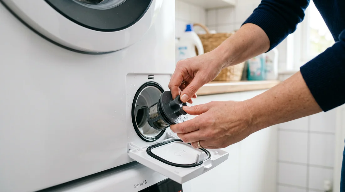 Ouverture de la trappe du filtre de vidange d'un lave-linge