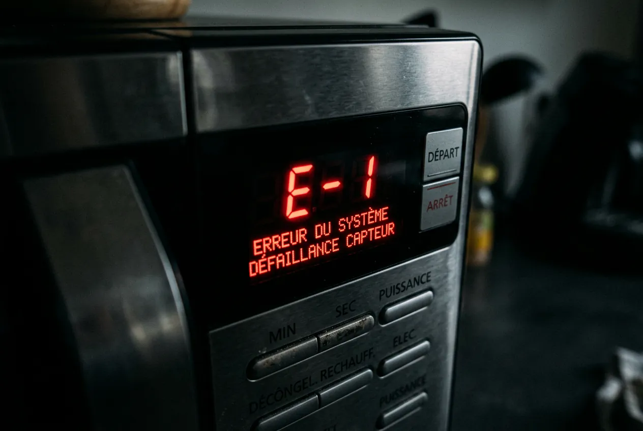 Gros plan sur l'écran numérique d'un micro-ondes affichant un code d'erreur.
