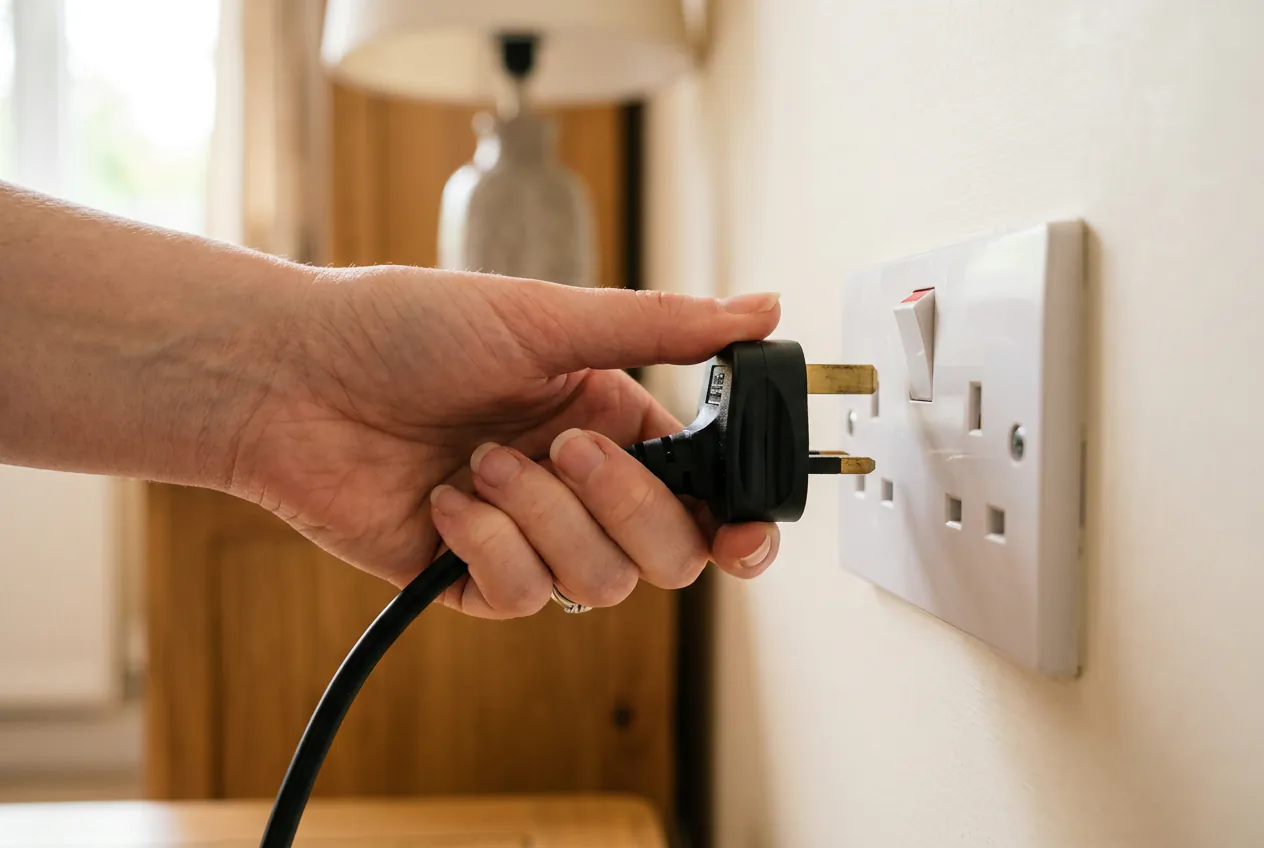 Une main débranchant la prise électrique du micro-onde pour effectuer une réparation sécurisée.