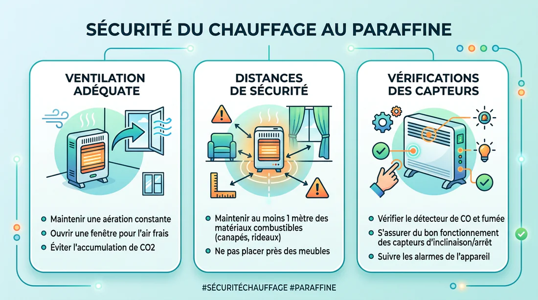 Infographie synthétique sur la sécurité et l'aération lors de l'utilisation d'un poêle à pétrole