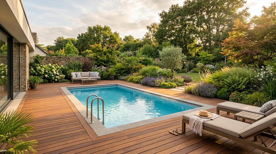 Piscine enterrée dans un jardin paysagé bien entretenu
