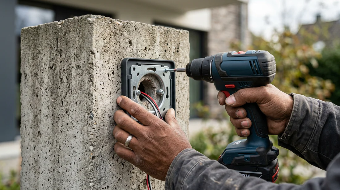 Fixation de la platine de rue d'un visiophone sur un pilier