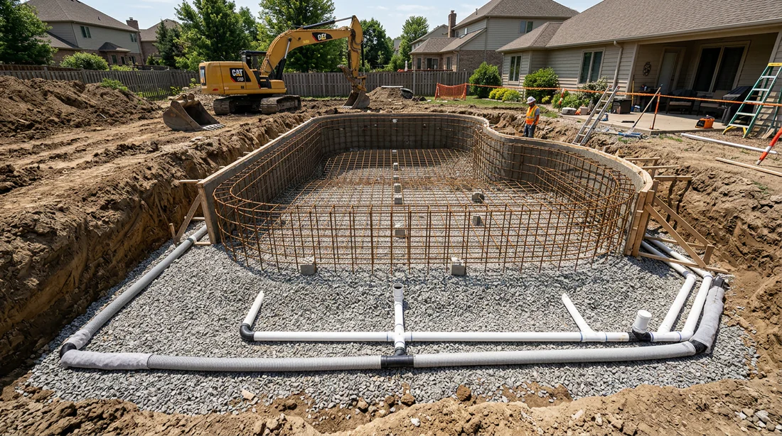 Système de drainage et lit de gravier sous une piscine enterrée