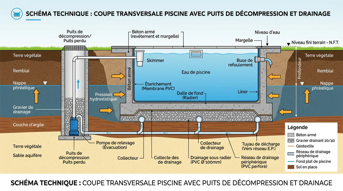 Schéma explicatif du fonctionnement d'un puits de décompression pour piscine