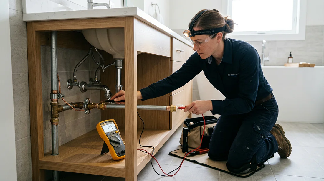 Électricien testant la continuité de la terre dans une salle de bain