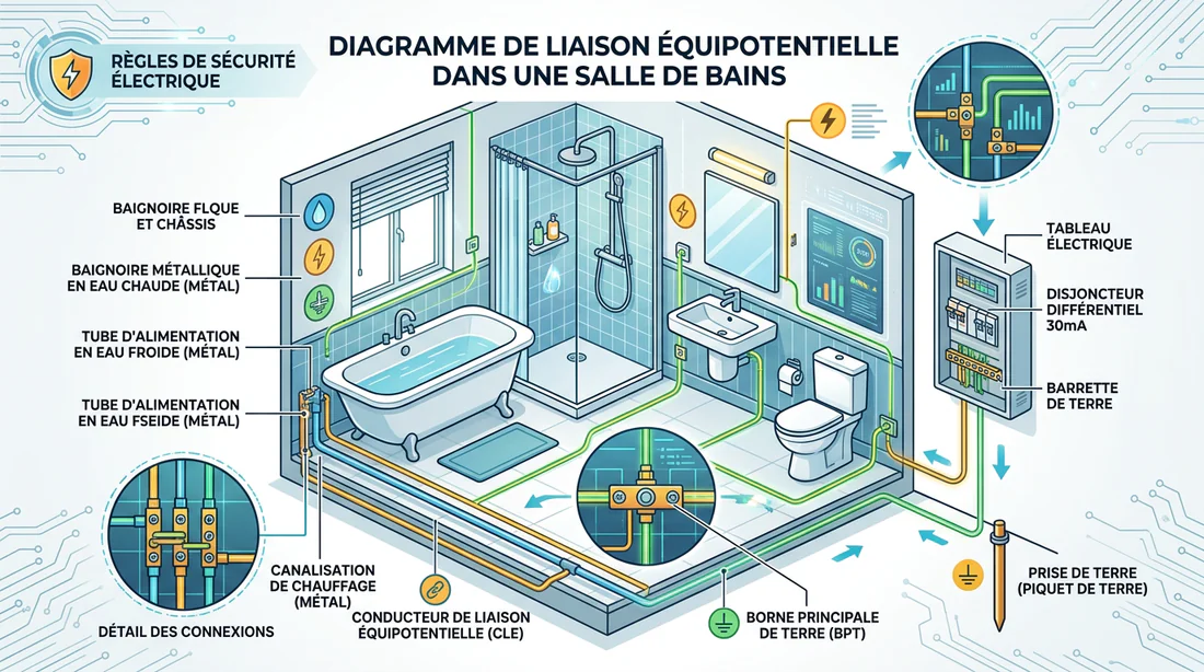 Schéma complet de la liaison équipotentielle d'une salle de bain