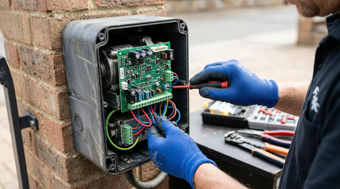 Technicien travaillant sur la carte électronique de commande du moteur FAAC 391.