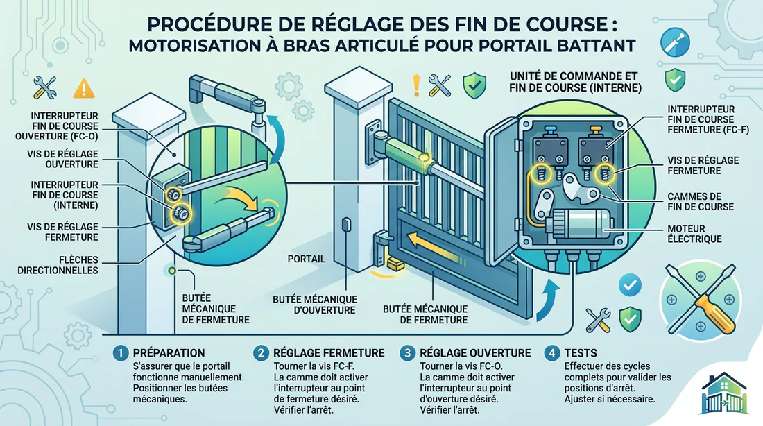 Schéma explicatif de l'ajustement des butées et fins de course du portail FAAC 391.